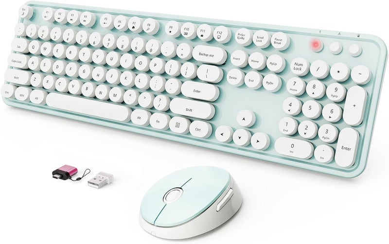 SkyGive Wireless Keyboard and Mouse Combo, Ergonomic Full Size Typewriter Retro Round Keycaps Keyboard, Compatible with Windows, PC, Perfer for Home and Office Keyboards（Green） - Image 1